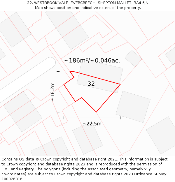 32, WESTBROOK VALE, EVERCREECH, SHEPTON MALLET, BA4 6JN: Plot and title map