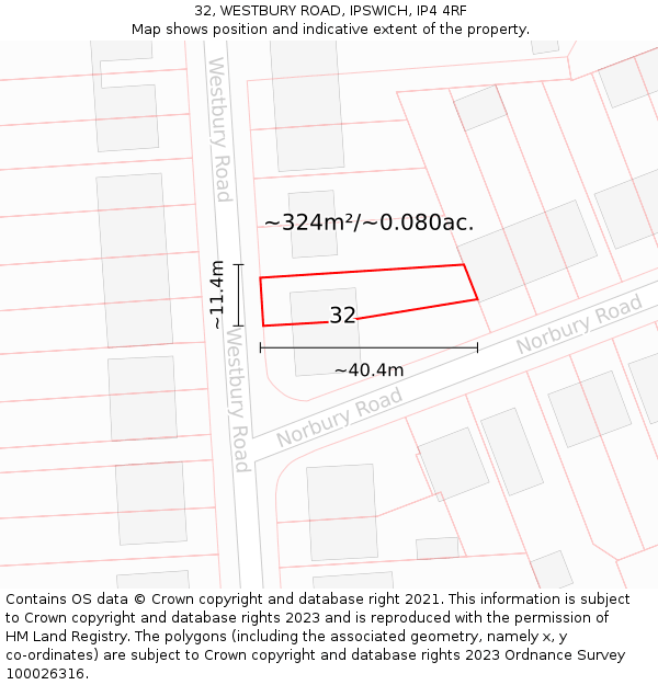 32, WESTBURY ROAD, IPSWICH, IP4 4RF: Plot and title map