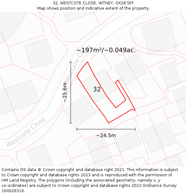 32, WESTCOTE CLOSE, WITNEY, OX28 5FF: Plot and title map