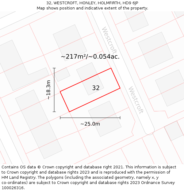 32, WESTCROFT, HONLEY, HOLMFIRTH, HD9 6JP: Plot and title map
