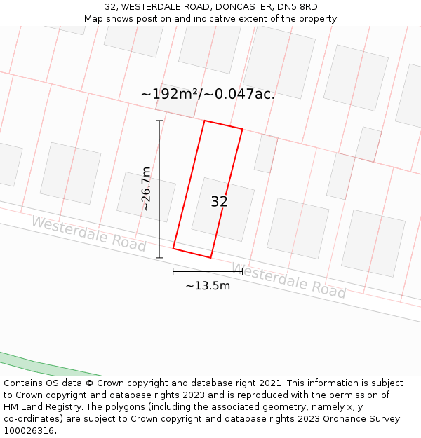 32, WESTERDALE ROAD, DONCASTER, DN5 8RD: Plot and title map