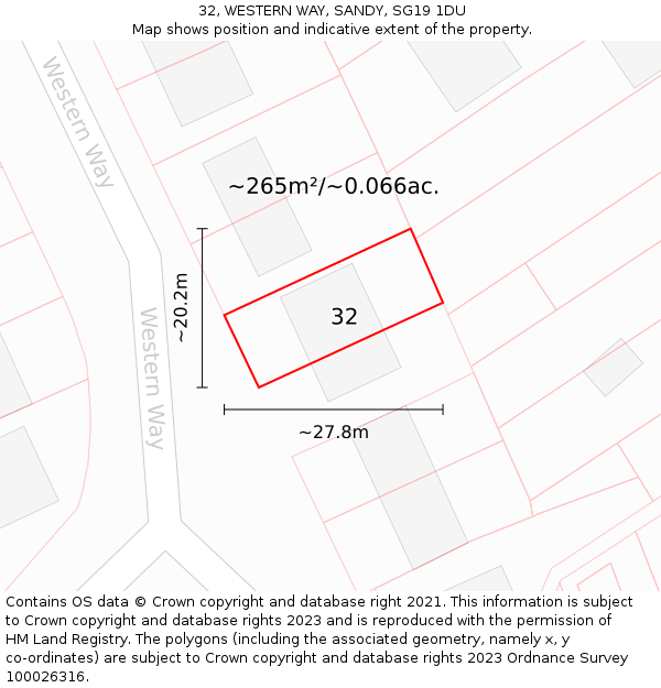 32, WESTERN WAY, SANDY, SG19 1DU: Plot and title map
