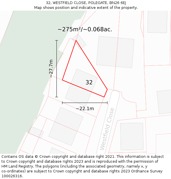 32, WESTFIELD CLOSE, POLEGATE, BN26 6EJ: Plot and title map