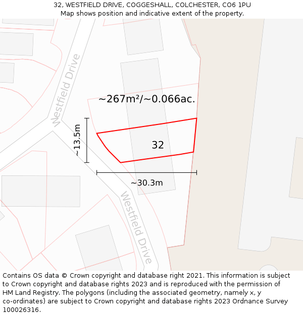 32, WESTFIELD DRIVE, COGGESHALL, COLCHESTER, CO6 1PU: Plot and title map