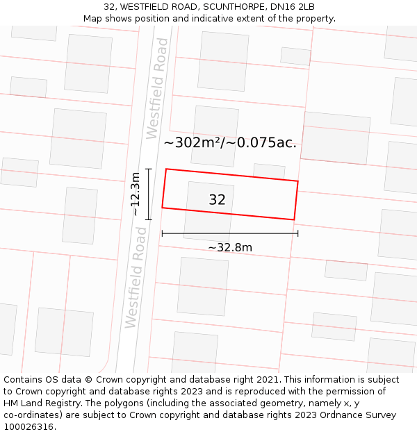 32, WESTFIELD ROAD, SCUNTHORPE, DN16 2LB: Plot and title map