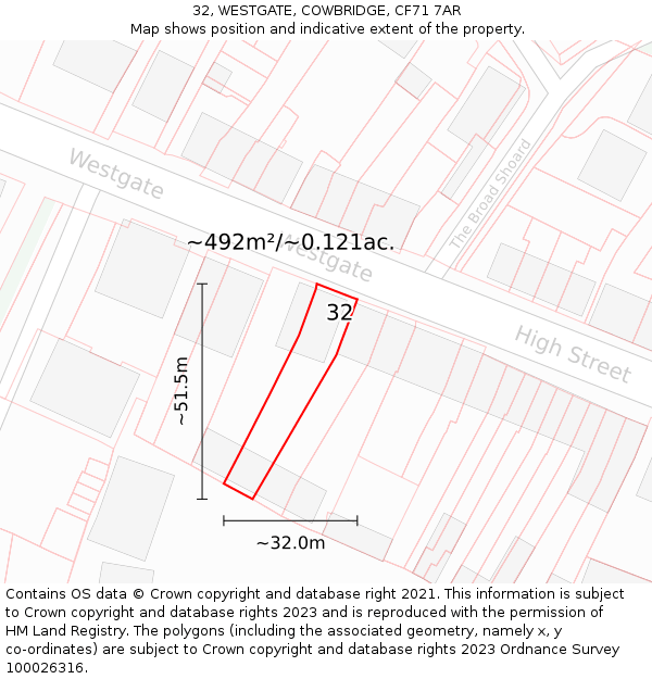 32, WESTGATE, COWBRIDGE, CF71 7AR: Plot and title map