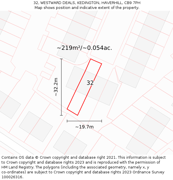 32, WESTWARD DEALS, KEDINGTON, HAVERHILL, CB9 7PH: Plot and title map