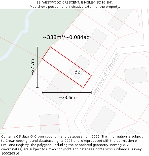 32, WESTWOOD CRESCENT, BINGLEY, BD16 1NN: Plot and title map