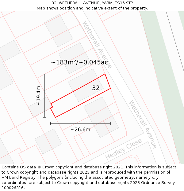 32, WETHERALL AVENUE, YARM, TS15 9TP: Plot and title map
