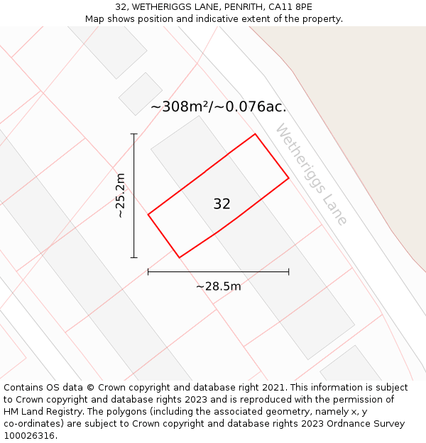 32, WETHERIGGS LANE, PENRITH, CA11 8PE: Plot and title map