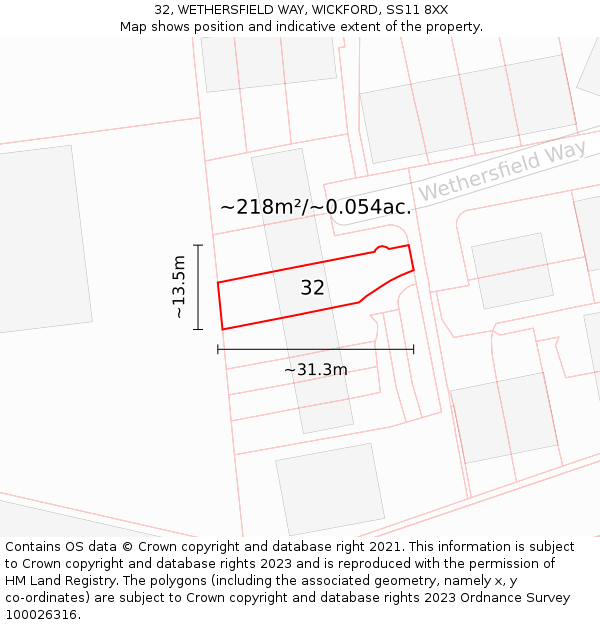 32, WETHERSFIELD WAY, WICKFORD, SS11 8XX: Plot and title map
