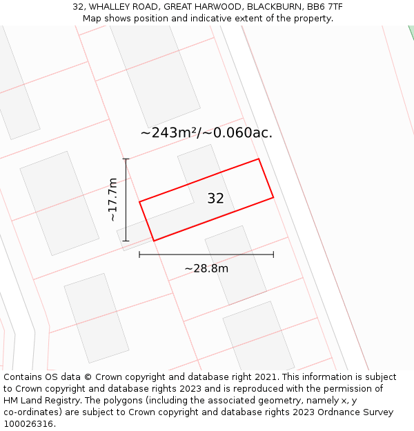 32, WHALLEY ROAD, GREAT HARWOOD, BLACKBURN, BB6 7TF: Plot and title map
