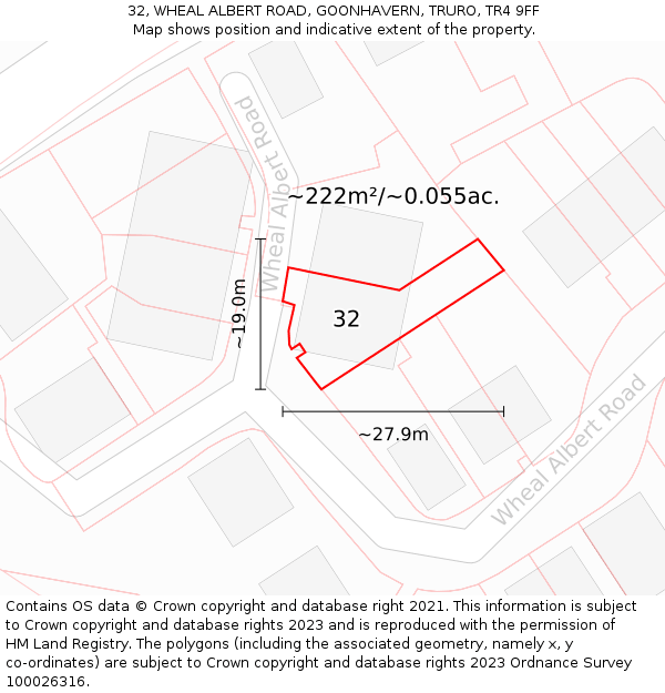 32, WHEAL ALBERT ROAD, GOONHAVERN, TRURO, TR4 9FF: Plot and title map