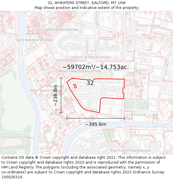 32, WHEATERS STREET, SALFORD, M7 1AW: Plot and title map