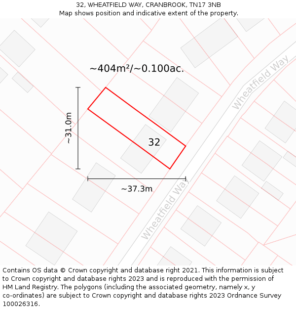 32, WHEATFIELD WAY, CRANBROOK, TN17 3NB: Plot and title map