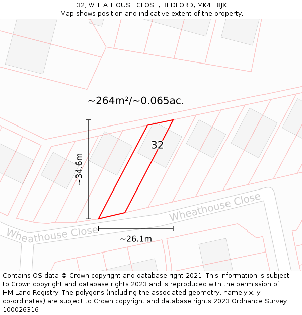 32, WHEATHOUSE CLOSE, BEDFORD, MK41 8JX: Plot and title map