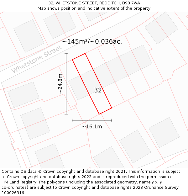32, WHETSTONE STREET, REDDITCH, B98 7WA: Plot and title map