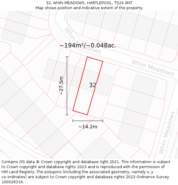 32, WHIN MEADOWS, HARTLEPOOL, TS24 9NT: Plot and title map