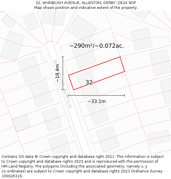 32, WHINBUSH AVENUE, ALLENTON, DERBY, DE24 9DP: Plot and title map