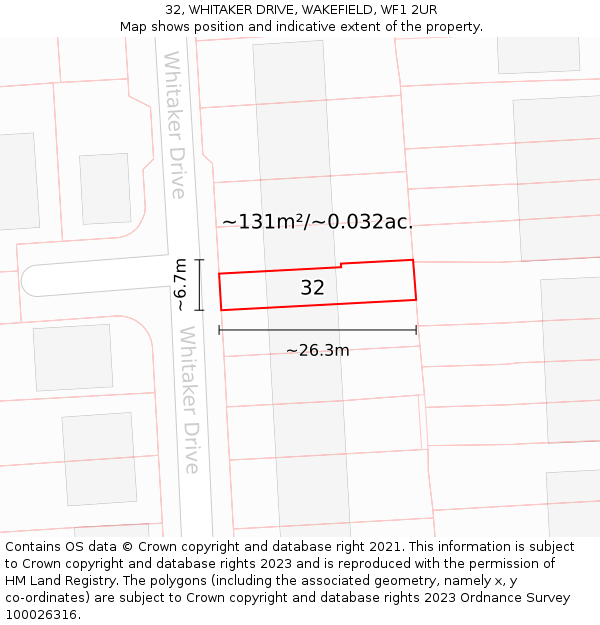 32, WHITAKER DRIVE, WAKEFIELD, WF1 2UR: Plot and title map
