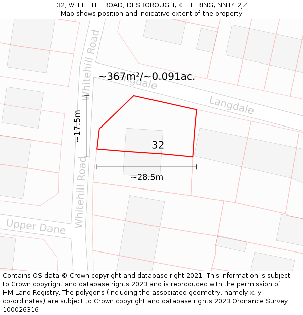32, WHITEHILL ROAD, DESBOROUGH, KETTERING, NN14 2JZ: Plot and title map