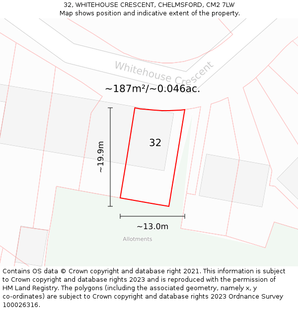 32, WHITEHOUSE CRESCENT, CHELMSFORD, CM2 7LW: Plot and title map
