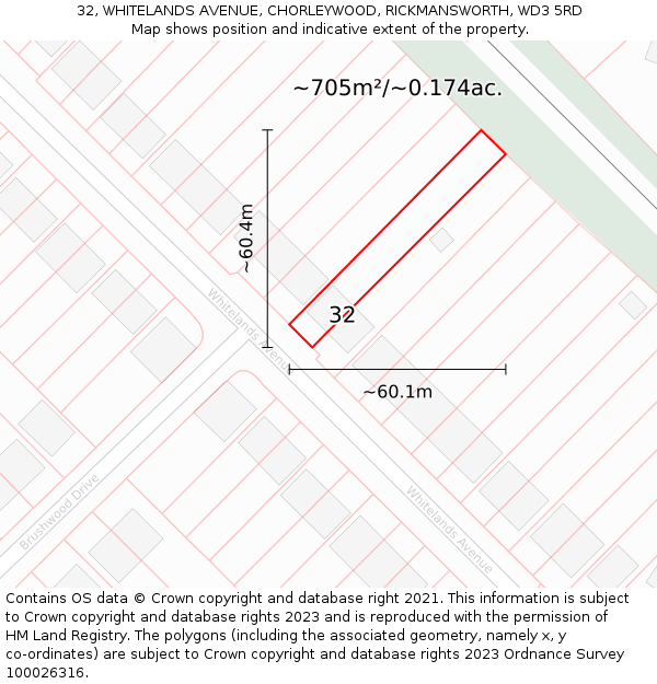 32, WHITELANDS AVENUE, CHORLEYWOOD, RICKMANSWORTH, WD3 5RD: Plot and title map