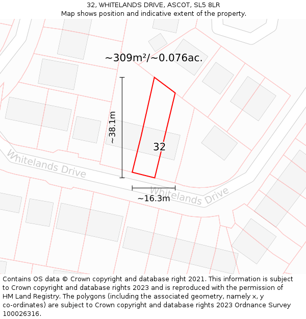 32, WHITELANDS DRIVE, ASCOT, SL5 8LR: Plot and title map
