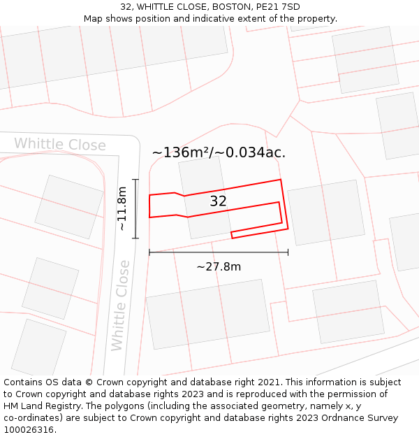 32, WHITTLE CLOSE, BOSTON, PE21 7SD: Plot and title map
