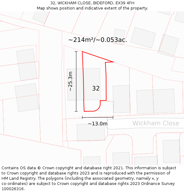 32, WICKHAM CLOSE, BIDEFORD, EX39 4FH: Plot and title map