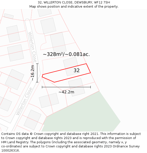 32, WILLERTON CLOSE, DEWSBURY, WF12 7SH: Plot and title map