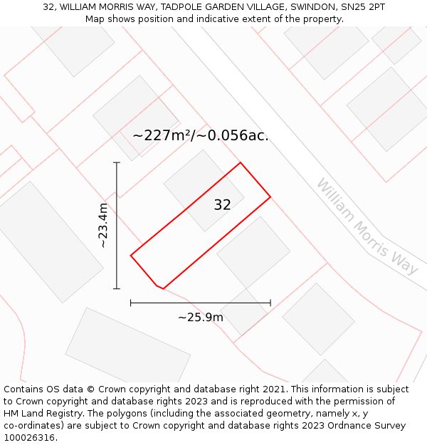 32, WILLIAM MORRIS WAY, TADPOLE GARDEN VILLAGE, SWINDON, SN25 2PT: Plot and title map