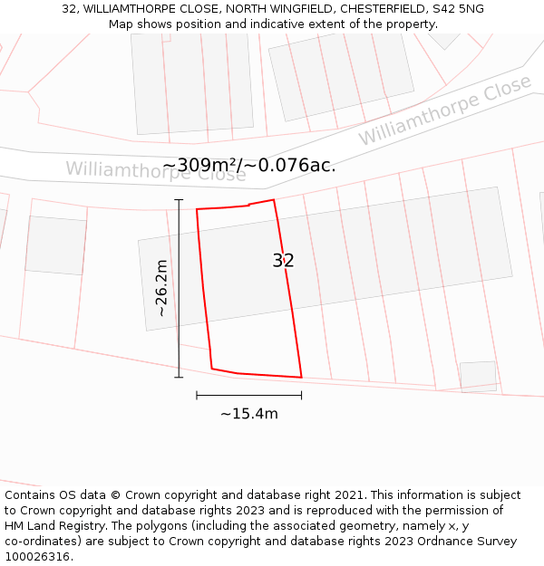 32, WILLIAMTHORPE CLOSE, NORTH WINGFIELD, CHESTERFIELD, S42 5NG: Plot and title map