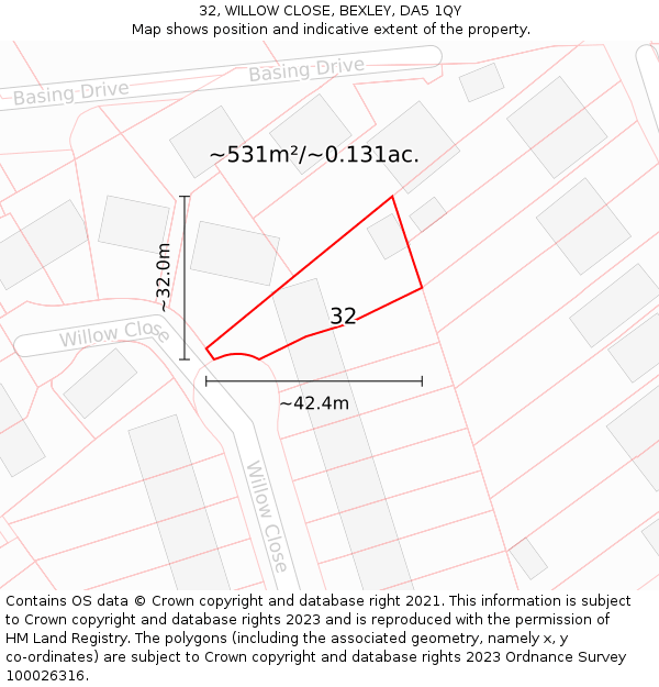 32, WILLOW CLOSE, BEXLEY, DA5 1QY: Plot and title map