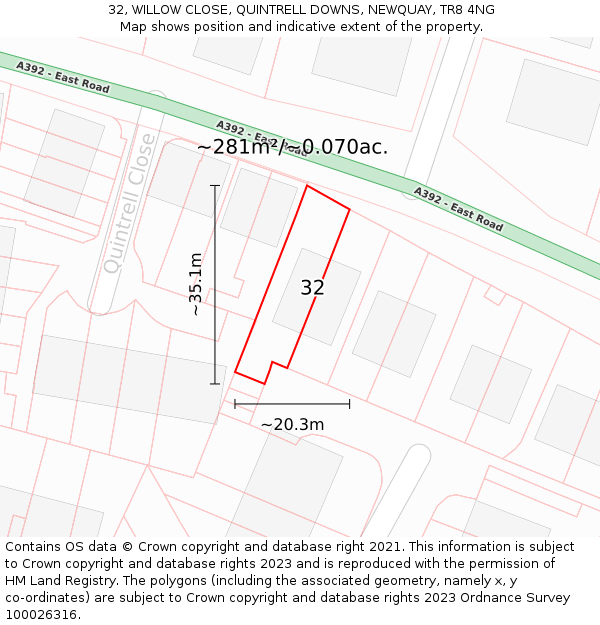 32, WILLOW CLOSE, QUINTRELL DOWNS, NEWQUAY, TR8 4NG: Plot and title map