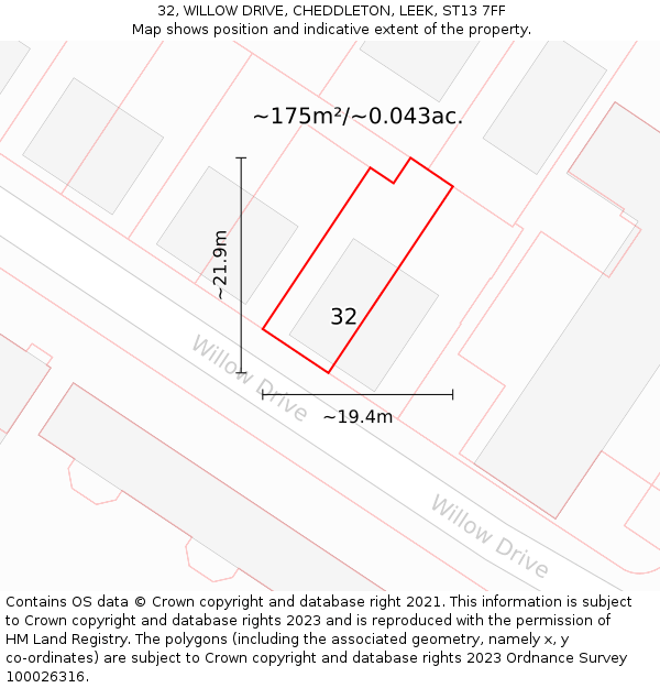 32, WILLOW DRIVE, CHEDDLETON, LEEK, ST13 7FF: Plot and title map