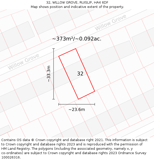 32, WILLOW GROVE, RUISLIP, HA4 6DF: Plot and title map