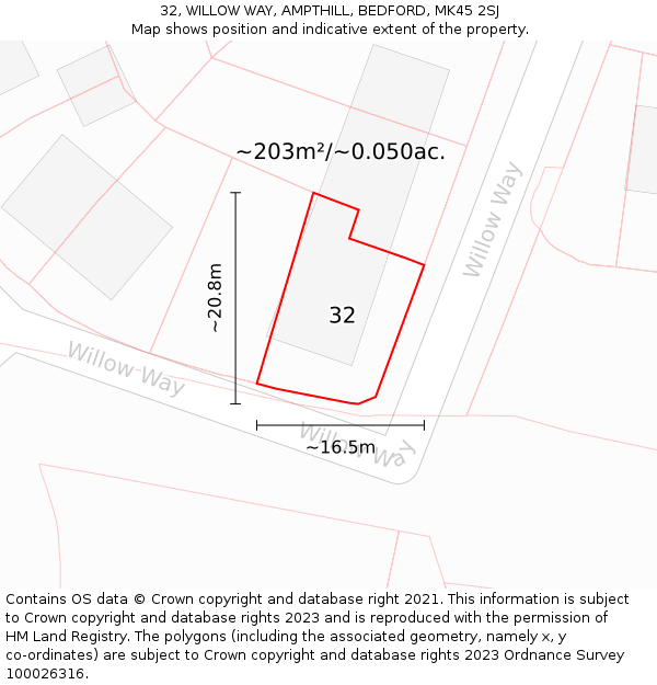 32, WILLOW WAY, AMPTHILL, BEDFORD, MK45 2SJ: Plot and title map
