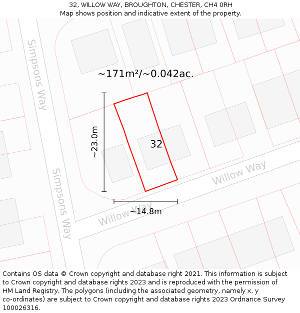 32, WILLOW WAY, BROUGHTON, CHESTER, CH4 0RH: Plot and title map