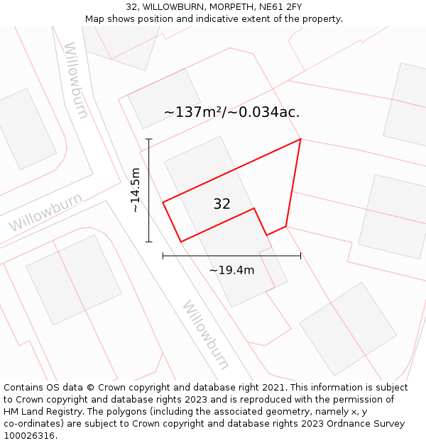 32, WILLOWBURN, MORPETH, NE61 2FY: Plot and title map