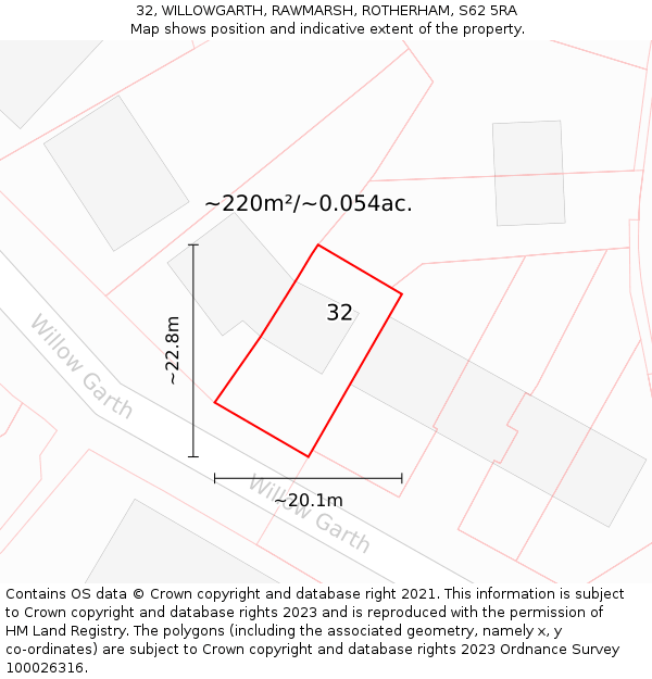 32, WILLOWGARTH, RAWMARSH, ROTHERHAM, S62 5RA: Plot and title map