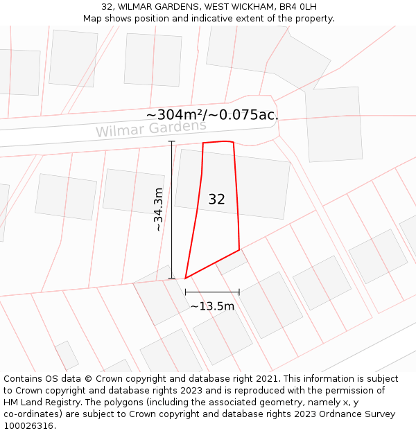 32, WILMAR GARDENS, WEST WICKHAM, BR4 0LH: Plot and title map