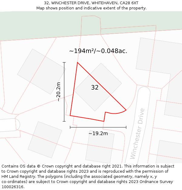32, WINCHESTER DRIVE, WHITEHAVEN, CA28 6XT: Plot and title map
