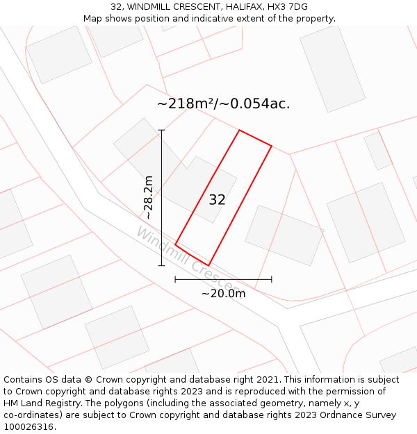 32, WINDMILL CRESCENT, HALIFAX, HX3 7DG: Plot and title map