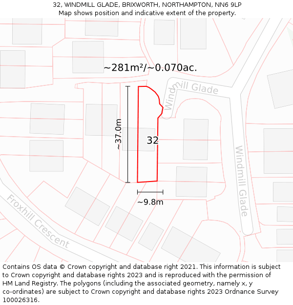 32, WINDMILL GLADE, BRIXWORTH, NORTHAMPTON, NN6 9LP: Plot and title map