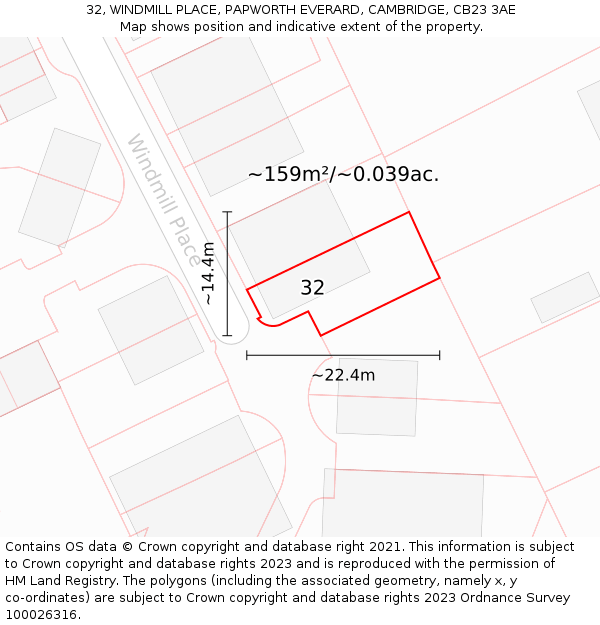 32, WINDMILL PLACE, PAPWORTH EVERARD, CAMBRIDGE, CB23 3AE: Plot and title map