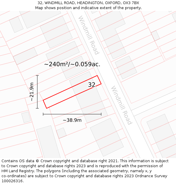 32, WINDMILL ROAD, HEADINGTON, OXFORD, OX3 7BX: Plot and title map
