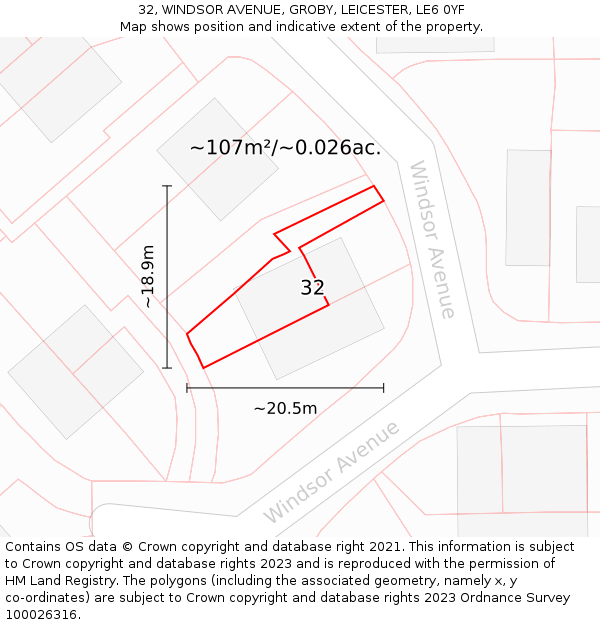 32, WINDSOR AVENUE, GROBY, LEICESTER, LE6 0YF: Plot and title map