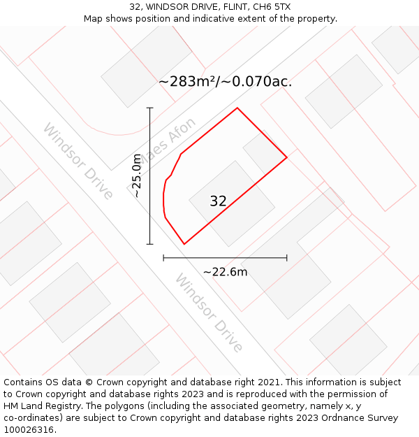 32, WINDSOR DRIVE, FLINT, CH6 5TX: Plot and title map