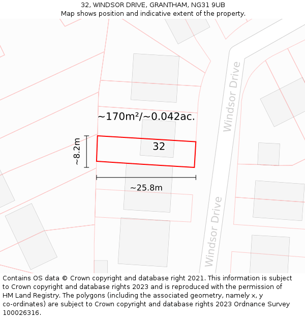 32, WINDSOR DRIVE, GRANTHAM, NG31 9UB: Plot and title map